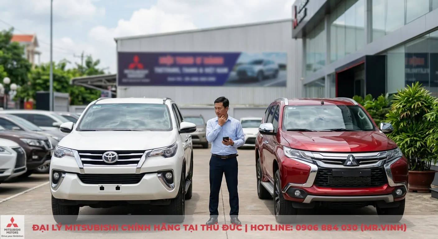 So sánh Mitsubishi và Toyota: Ưu nhược điểm, nên mua xe nào? 3 Nên mua xe Mitsubishi hay Toyota: người mua đang so sánh hai mẫu SUV của Toyota và Mitsubishi tại showroom để đưa ra quyết định