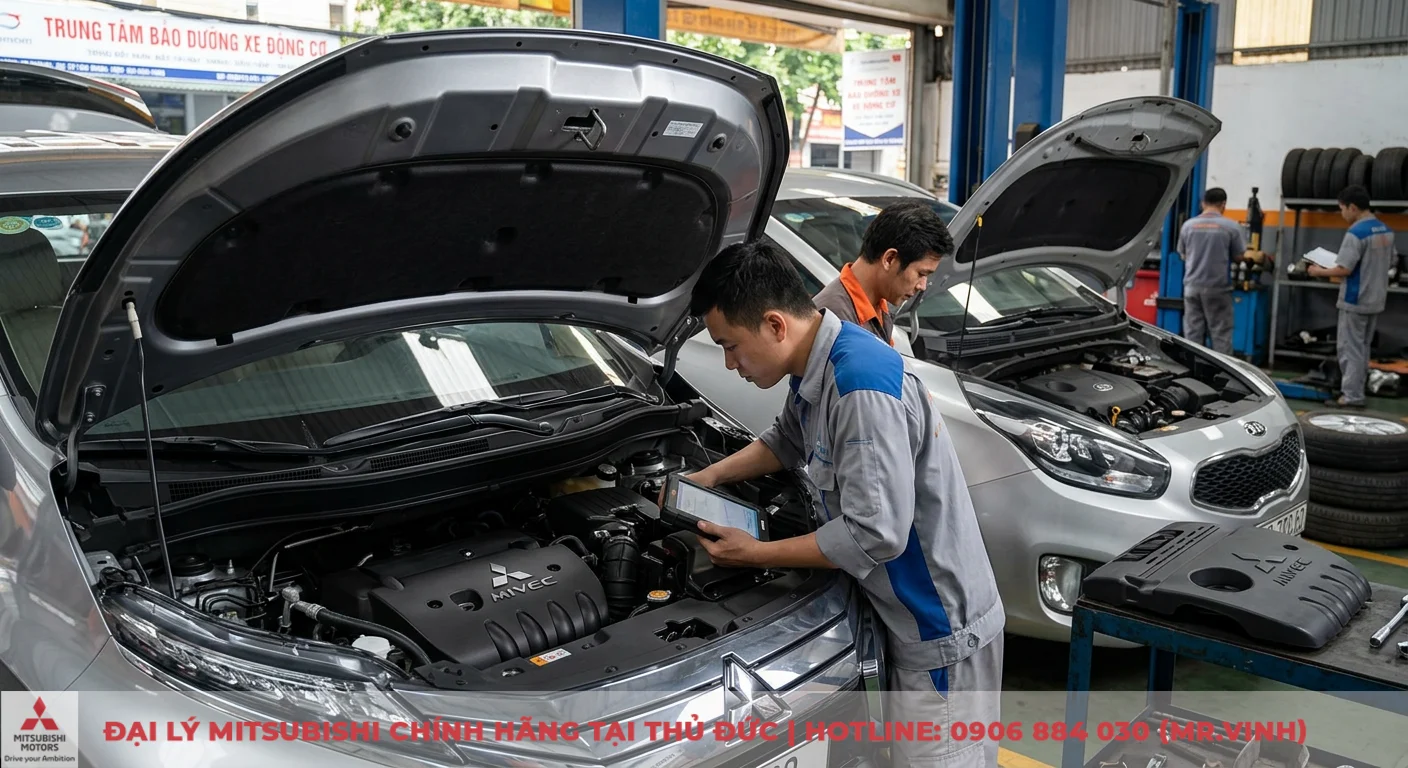 So sánh Mitsubishi Xpander và Kia Rondo: MPV 7 chỗ nào phù hợp hơn? 2 Thông số động cơ MIVEC của Mitsubishi Xpander đang được kỹ thuật viên kiểm tra cùng Kia Rondo tại xưởng bảo dưỡng