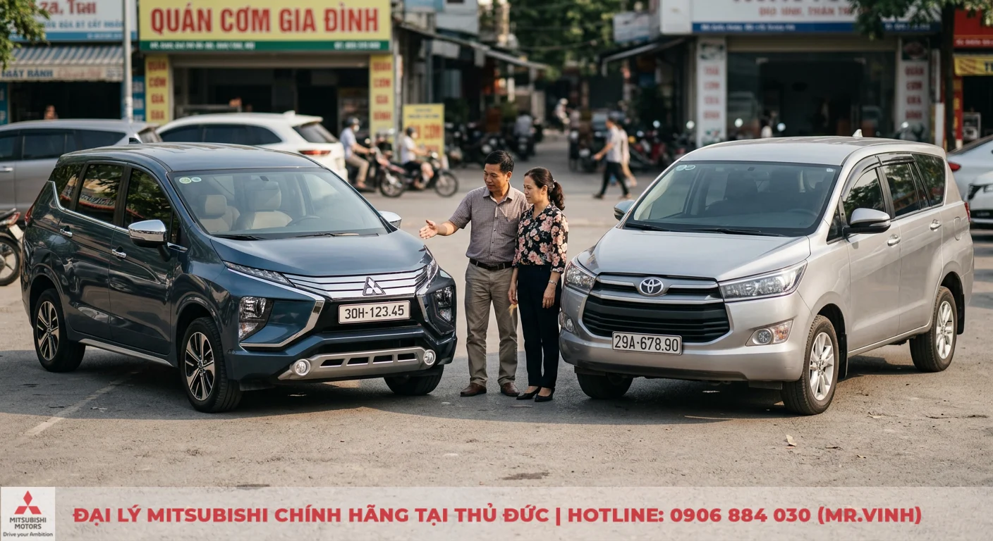 So sánh Mitsubishi Xpander với Toyota Innova: Đâu là lựa chọn tốt hơn? 3 Mitsubishi Xpander và Toyota Innova đặt cạnh nhau, giúp bạn so sánh và đưa ra lựa chọn phù hợp nhất
