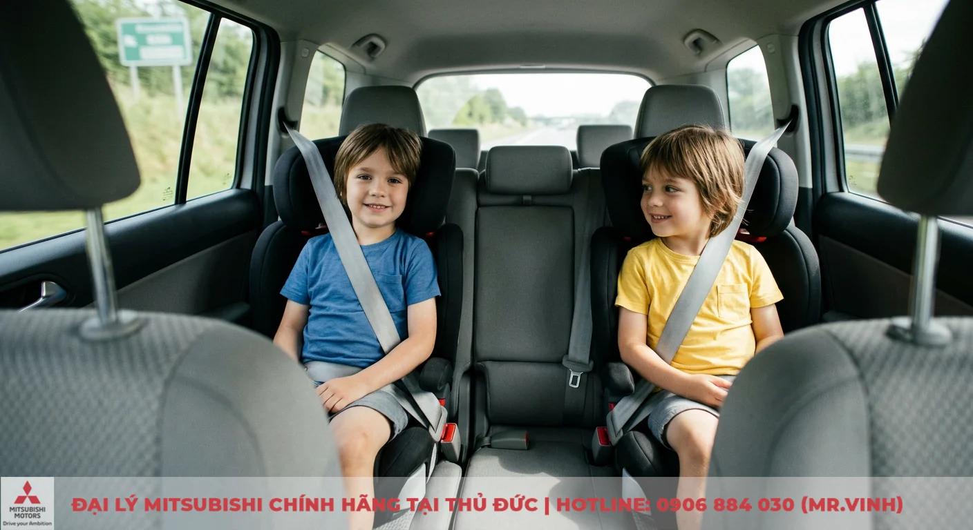 So sánh Mitsubishi Xpander và Suzuki Ertiga: Chọn xe nào tốt hơn? 2 Trang bị an toàn với dây đai 3 điểm giúp bảo vệ hành khách, thể hiện qua hai bé trai ngồi ghế sau