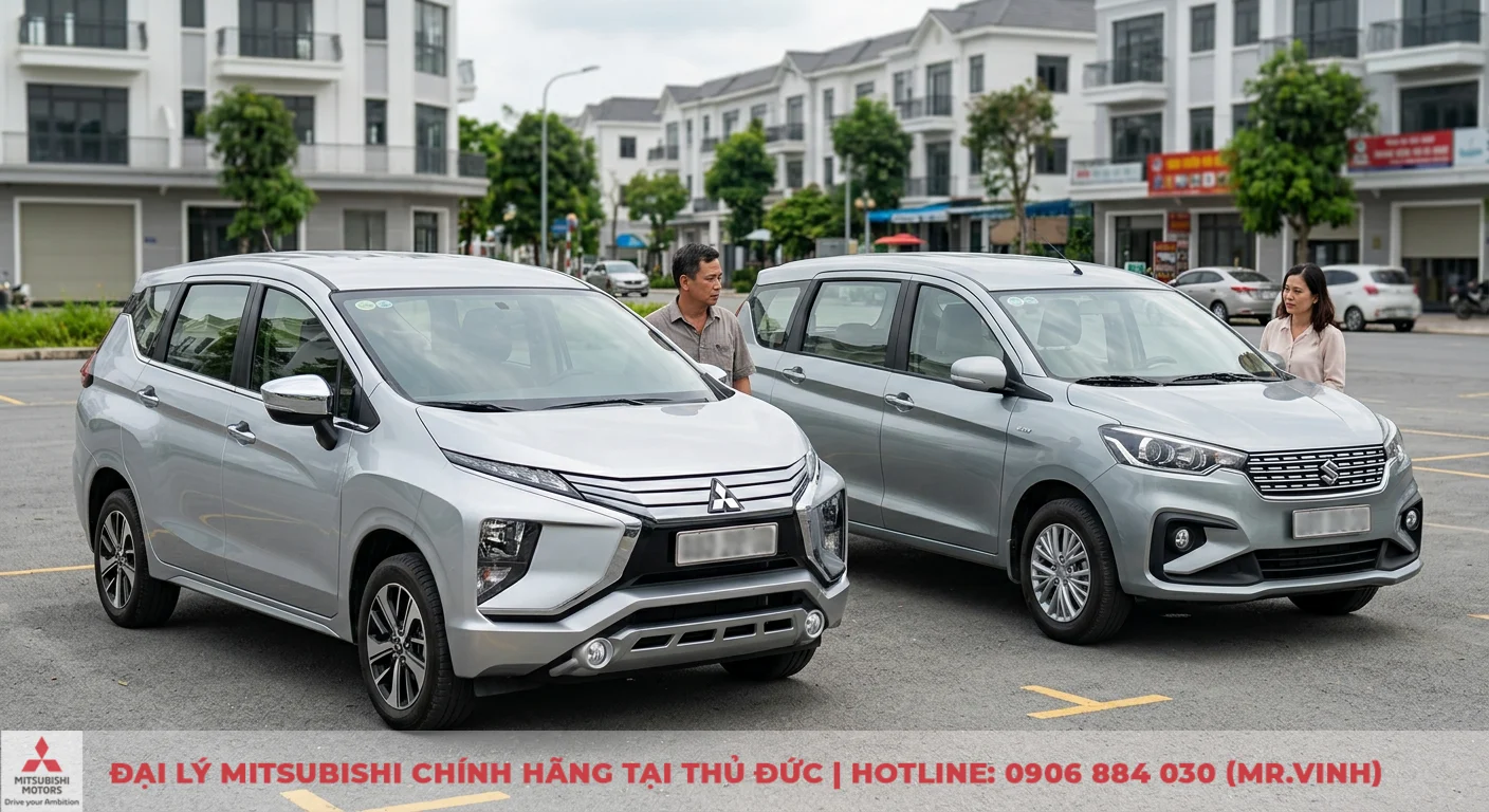 So sánh Mitsubishi Xpander và Suzuki Ertiga: Chọn xe nào tốt hơn? 3 Xpander và Ertiga, so sánh ưu nhược điểm để lựa chọn phù hợp nhu cầu cá nhân, với hai mẫu xe đỗ cạnh nhau