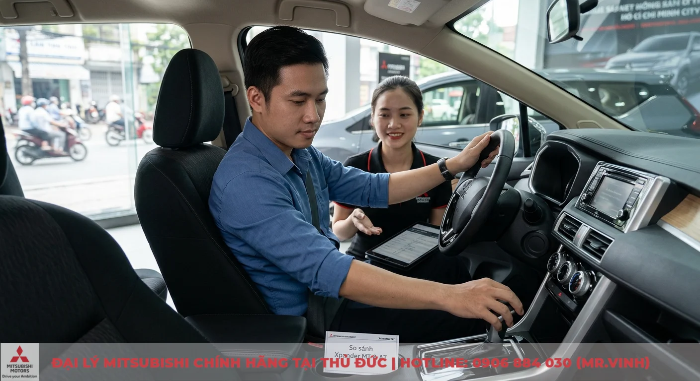 So sánh Mitsubishi Xpander MT và AT: Chọn số sàn hay tự động? 3 So sánh Mitsubishi Xpander MT và AT giúp khách hàng lựa chọn phù hợp, được tư vấn chi tiết trong xe tại showroom
