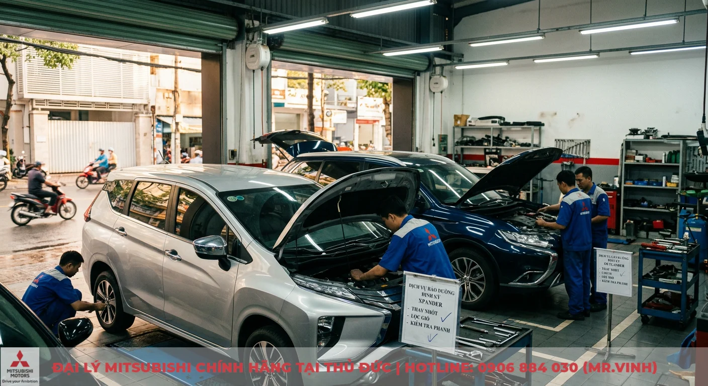 So sánh Mitsubishi Xpander và Outlander: Đâu là lựa chọn phù hợp? 3 Chi phí vận hành và bảo dưỡng định kỳ thực tế Xpander, Outlander đang được thợ tiến hành tại xưởng