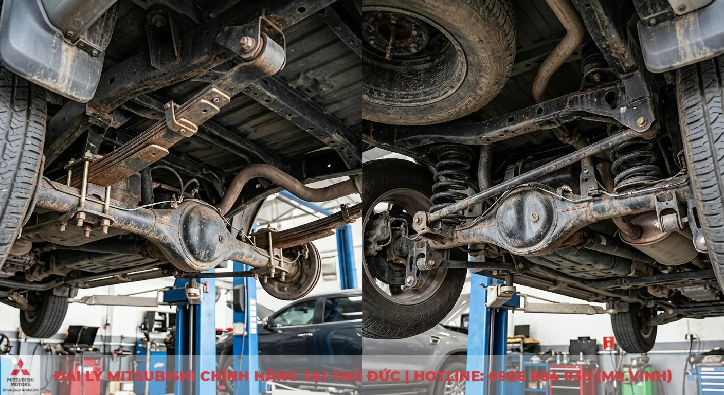 So sánh Mitsubishi Zinger và Ford Everest: Thông số, công nghệ & chi phí 2 Cấu trúc khung gầm và hệ thống treo với lá nhíp, lò xo cuộn minh họa nền tảng vận hành đặc trưng của xe