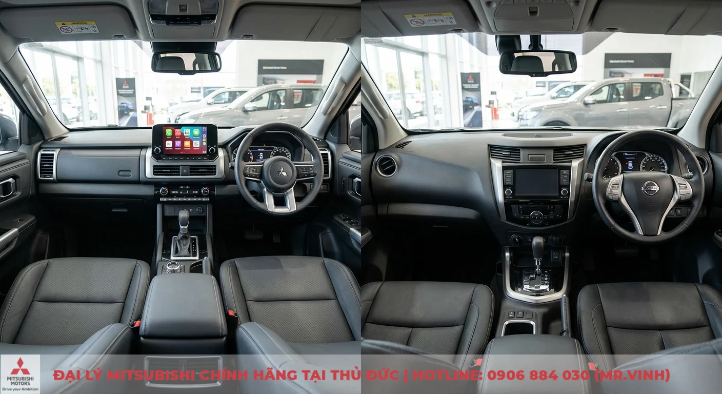 So sánh Nissan Navara và Mitsubishi Triton: Chọn bán tải nào hơn? 2 Nội thất Nissan Navara và Mitsubishi Triton nâng cấp với màn hình giải trí trung tâm hiện đại, tiện nghi và ghế da cao cấp