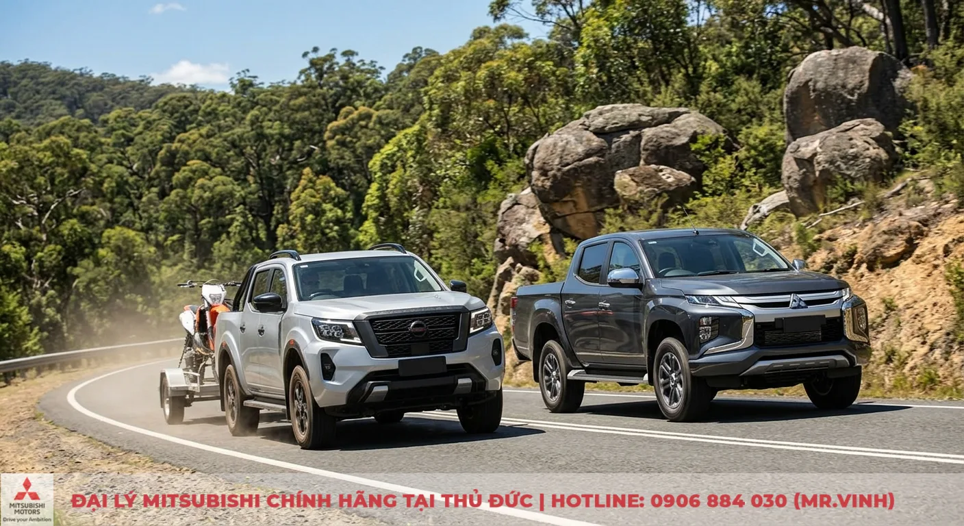 So sánh Nissan Navara và Mitsubishi Triton: Điểm mạnh, điểm yếu 2 Sức mạnh và hiệu quả của khối động cơ hai xe bán tải, minh họa sức kéo vượt trội của Navara khi kéo xe máy trên đường đèo