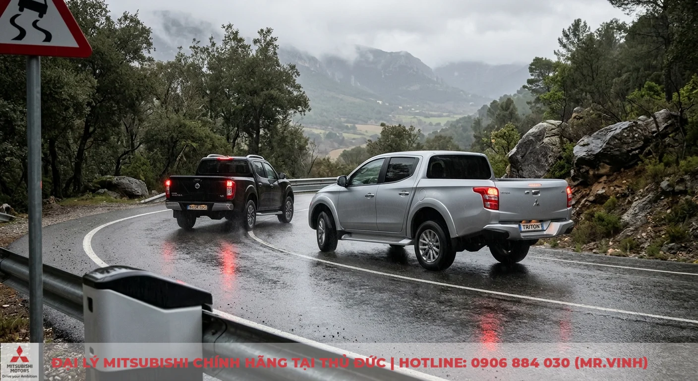So sánh Mitsubishi Triton 4x2 AT và Nissan Navara: Đâu là lựa chọn? 2 An toàn chủ động và bị động của Mitsubishi Triton và Nissan Navara thể hiện qua khả năng vận hành trên đường ướt, khúc cua hiểm trở