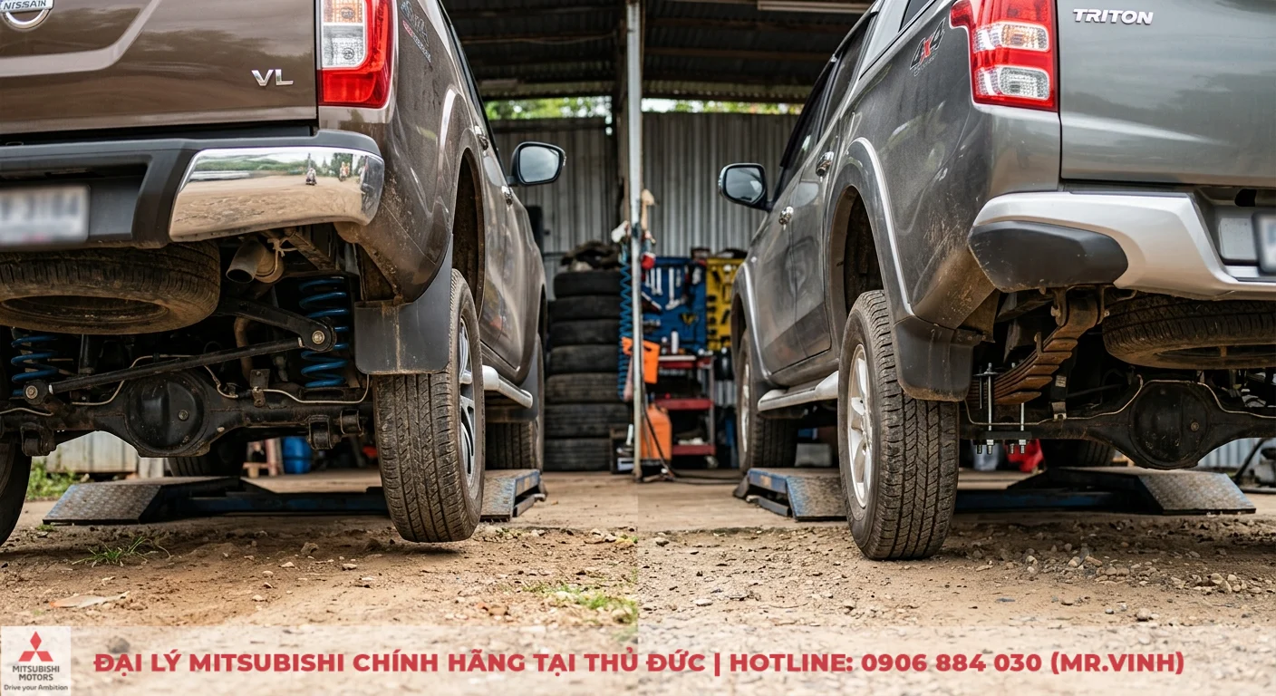 So sánh Nissan Navara VL và Mitsubishi Triton 4x4 AT: Chi tiết kỹ thuật 2 Hệ thống treo đa liên kết lò xo cuộn của Navara và nhíp lá của Triton thể hiện điểm khác biệt lớn