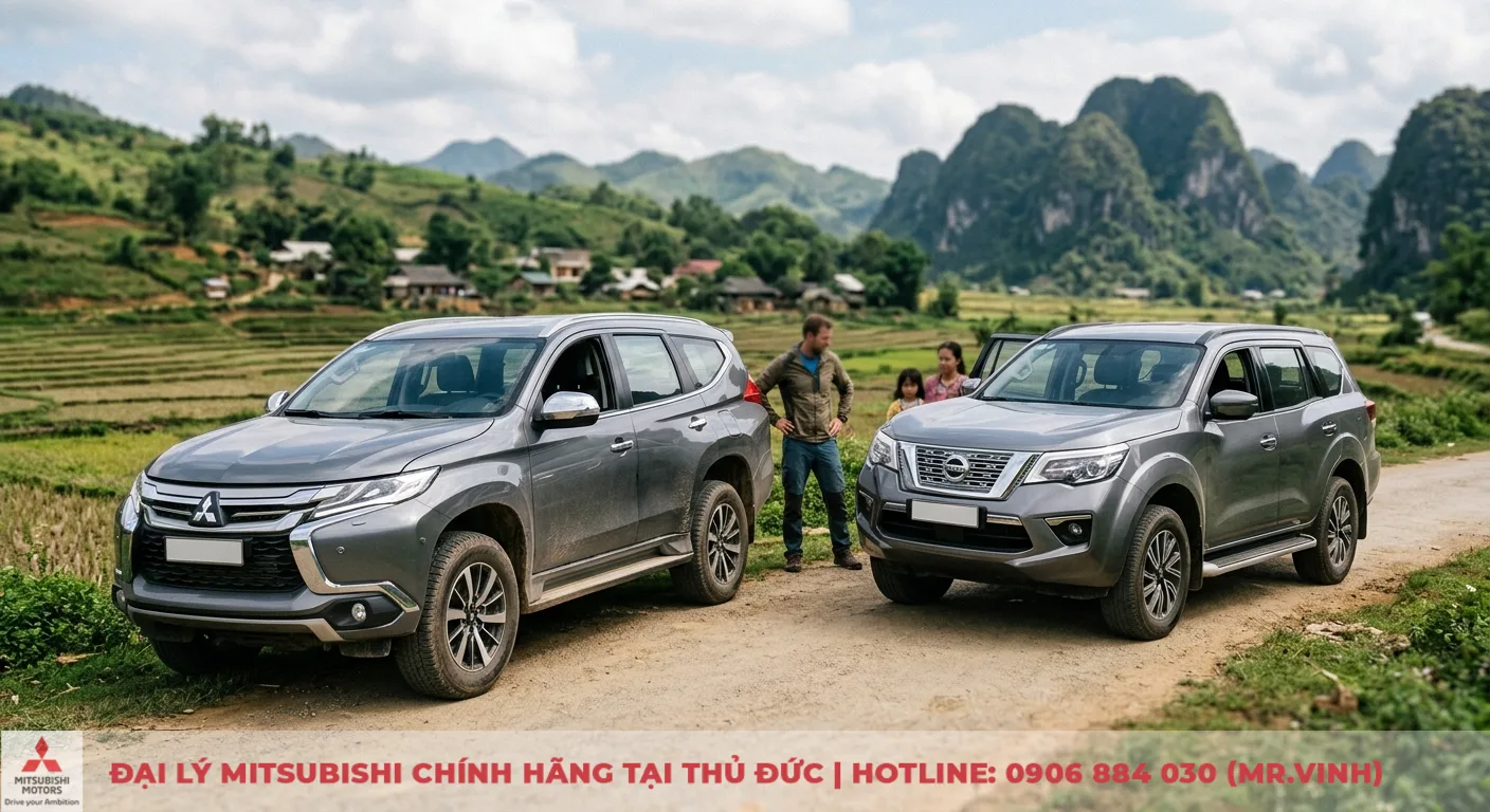 So sánh Nissan Terra và Mitsubishi Pajero Sport: Chọn xe nào phù hợp? 1 Mitsubishi Pajero Sport và Nissan Terra, hai mẫu SUV mạnh mẽ và đa dụng, đang dừng trên con đường đất giữa núi non