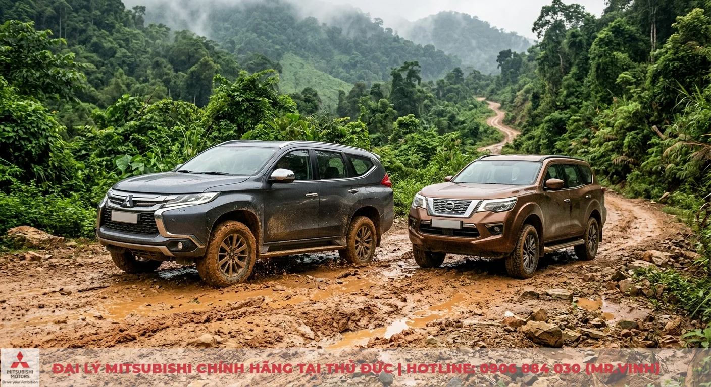 So sánh Nissan Terra và Mitsubishi Pajero Sport: Chọn xe nào phù hợp? 2 Động cơ và hộp số của Mitsubishi Pajero Sport, Nissan Terra thể hiện khả năng off-road trên đường lầy