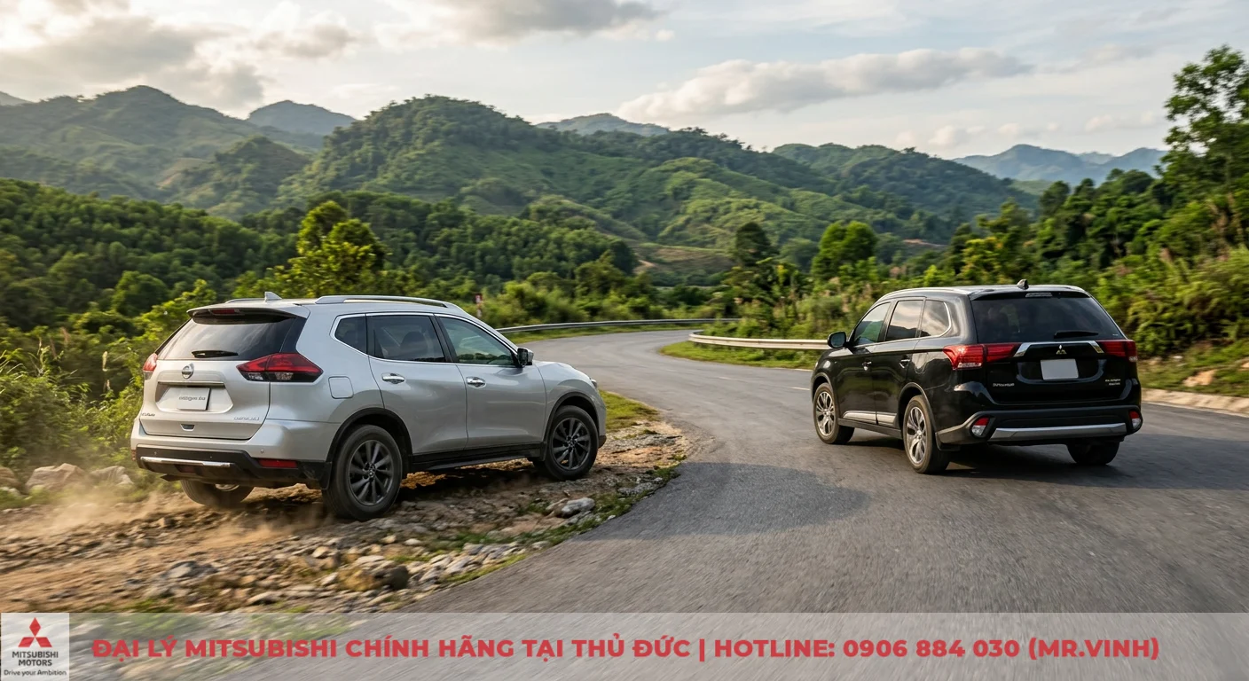 So sánh Nissan X-Trail và Mitsubishi Outlander 2026: Ưu nhược điểm. 2 Động cơ, hộp số và hiệu suất vận hành của SUV thể hiện qua Nissan X-Trail trên đường đất và Mitsubishi Outlander trên đường đèo