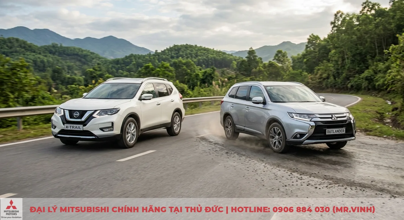 So sánh Nissan X-Trail và Mitsubishi Outlander: Thông số & đánh giá 2 Động cơ và vận hành của Nissan X-Trail và Mitsubishi Outlander trên đường đồi núi, thể hiện khả năng kiểm soát và thích nghi địa hình