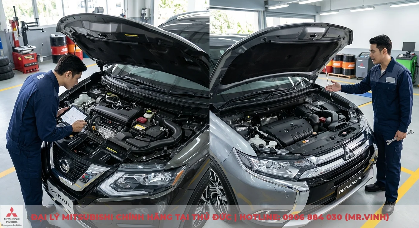 So sánh Nissan X-Trail và Mitsubishi Outlander: Chọn xe nào tốt hơn? 2 So sánh hiệu suất động cơ Nissan X-Trail và Mitsubishi Outlander với hai xe SUV đang được kỹ thuật viên kiểm tra