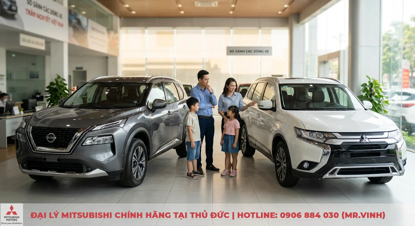 So sánh Nissan X-Trail và Mitsubishi Outlander 2026: Ưu nhược điểm. 3 Lựa chọn giữa Nissan X-Trail và Mitsubishi Outlander, gia đình trực tiếp tìm hiểu xe tại showroom