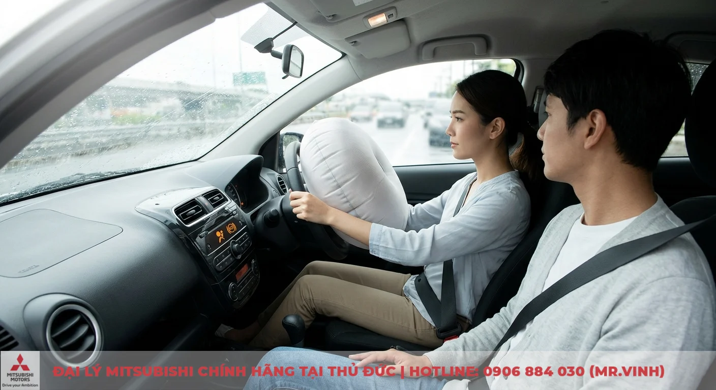 So sánh Mitsubishi Mirage và Suzuki Celerio: Nên chọn xe nào? 2 Trang bị an toàn bảo vệ hành khách tối ưu với túi khí cho người lái đã bung và dây an toàn