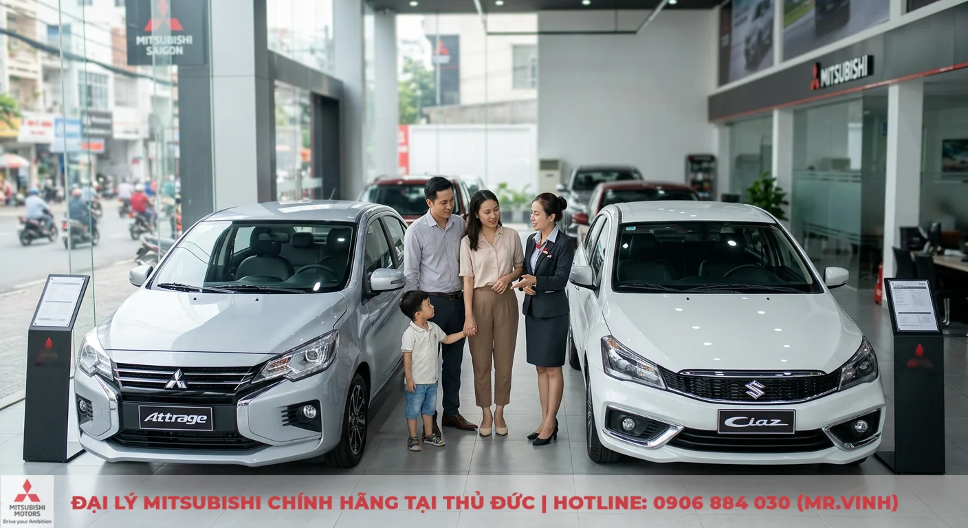 So sánh Suzuki Ciaz và Mitsubishi Attrage: Đánh giá chi tiết và lời khuyên 1 Tổng quan Suzuki Ciaz và Mitsubishi Attrage tại đại lý Mitsubishi Saigon, một gia đình đang nhận tư vấn mua xe
