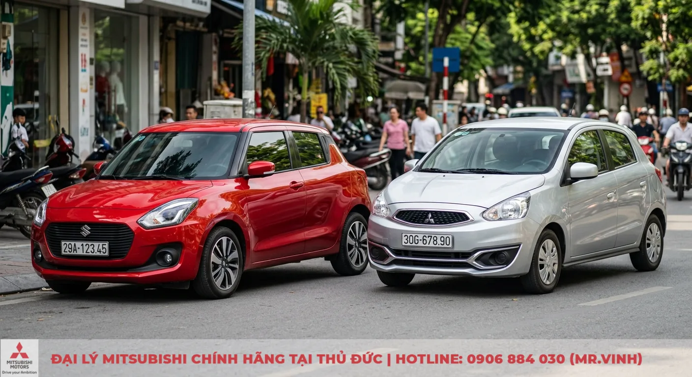 So sánh Suzuki Swift và Mitsubishi Mirage: Chọn hatchback đô thị nào? 1 Thiết kế ngoại thất nổi bật sự năng động của Suzuki Swift đỏ đối lập với vẻ thực dụng của Mitsubishi Mirage bạc