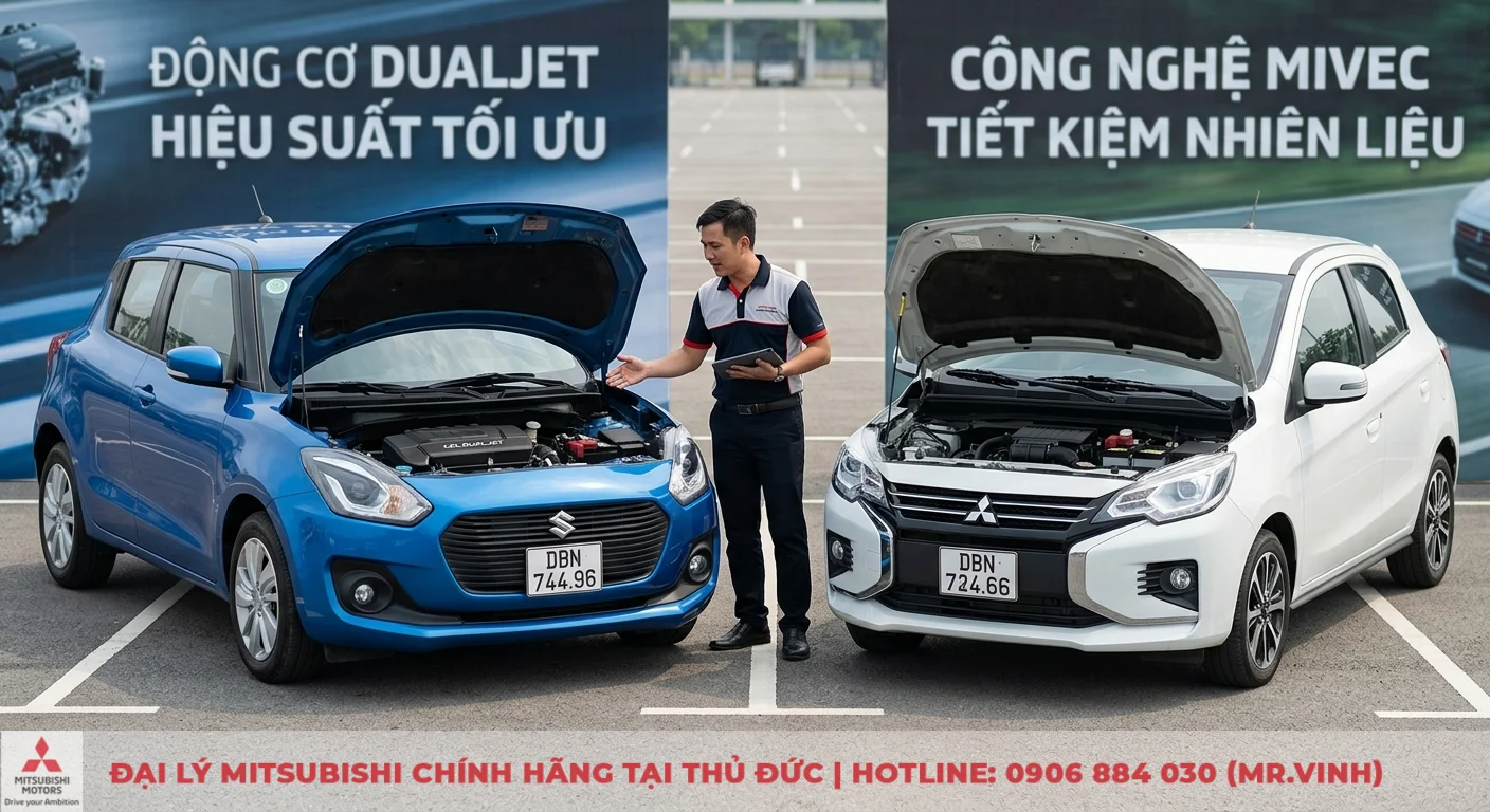 So sánh Suzuki Swift và Mitsubishi Mirage: Chọn hatchback đô thị nào? 2 So sánh hiệu suất động cơ Dualjet trên Suzuki Swift và MIVEC trên Mitsubishi Mirage, hai xe mở nắp capo lộ công nghệ