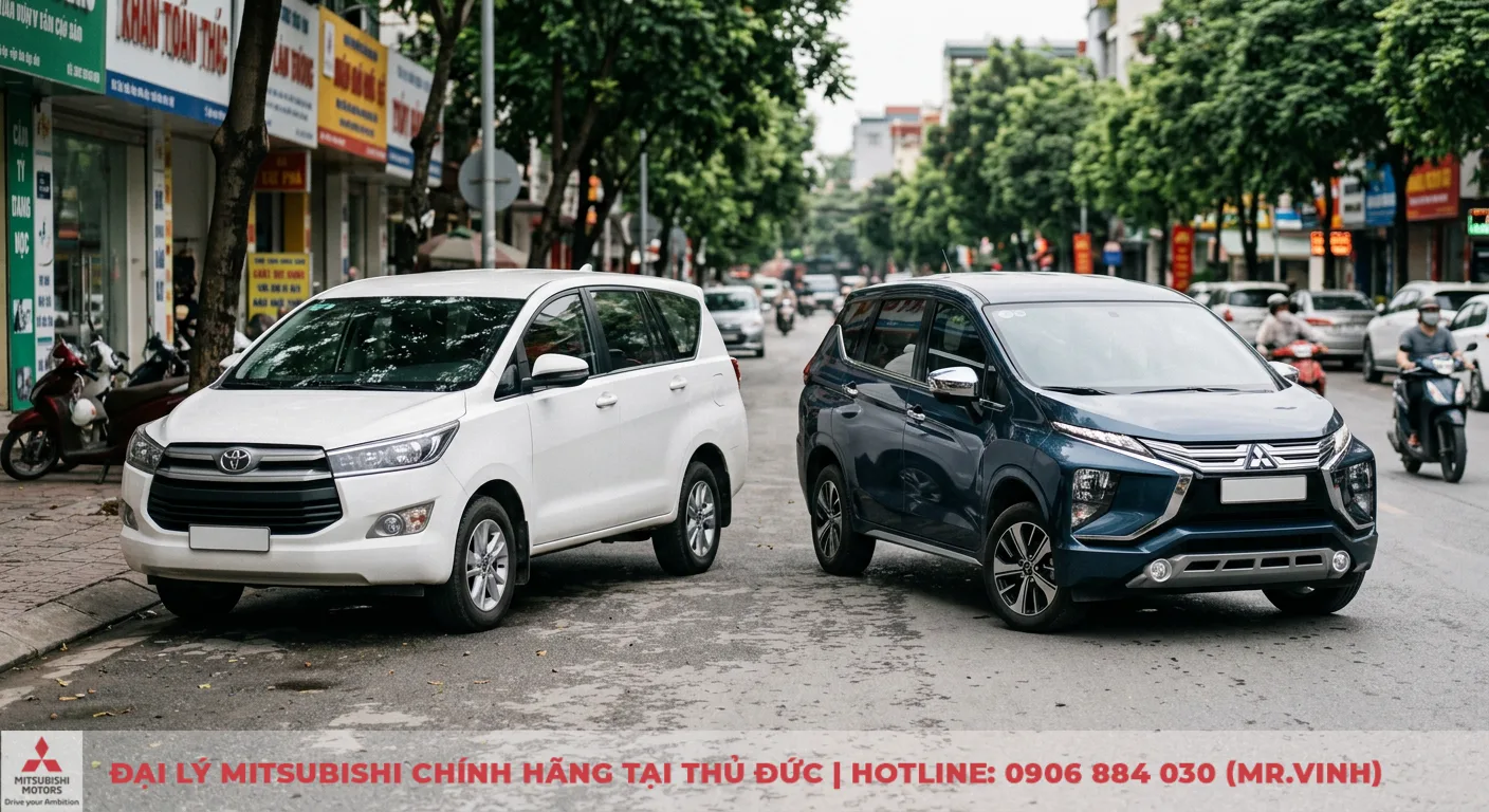 So sánh Innova và Xpander: Đánh giá động cơ, an toàn và chi phí vận hành 1 Toyota Innova trắng truyền thống và Mitsubishi Xpander xanh với thiết kế Dynamic Shield hiện đại, năng động