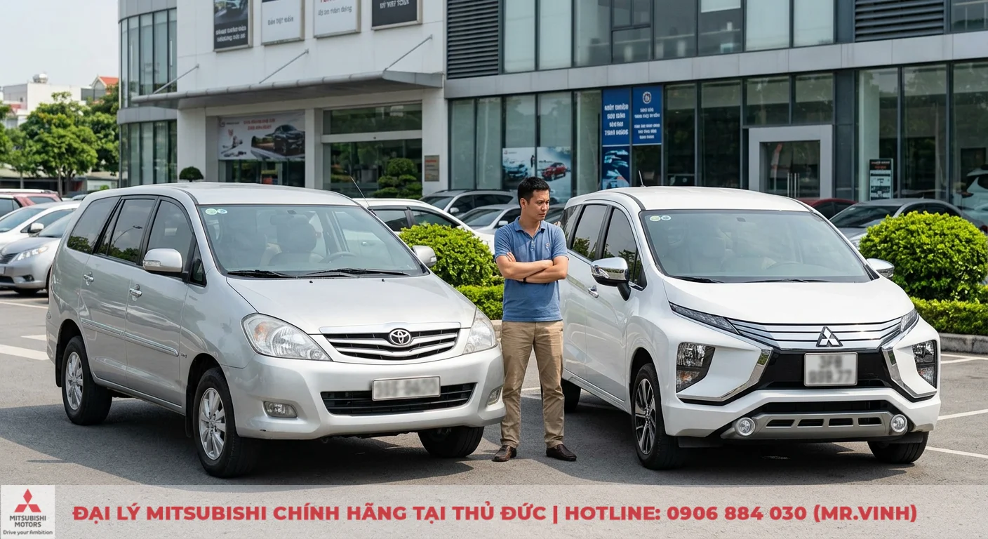 So sánh Innova và Xpander: Đánh giá động cơ, an toàn và chi phí vận hành 3 Lựa chọn xe phù hợp: Toyota Innova và Mitsubishi Xpander đứng cạnh nhau để so sánh các ưu nhược điểm
