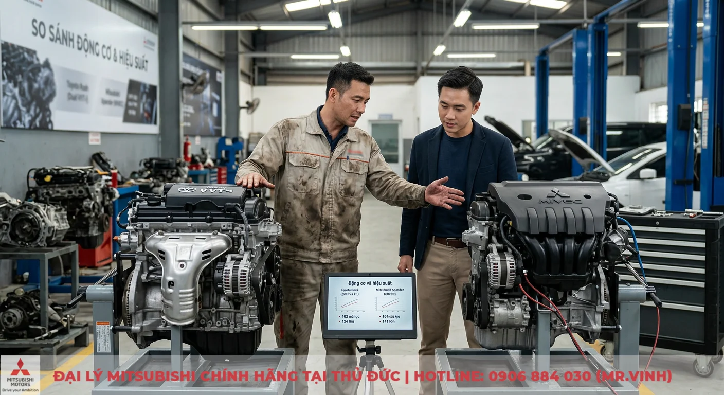 So sánh Toyota Rush và Mitsubishi Xpander: Nên chọn xe nào? 2 So sánh động cơ và hiệu suất của Toyota Rush Dual VVT-i và Mitsubishi Xpander MIVEC, hiển thị thông số trên màn hình