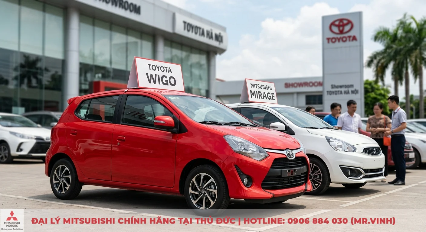 So sánh Toyota Wigo và Mitsubishi Mirage: Đâu là lựa chọn tối ưu? 1 So sánh Toyota Wigo và Mitsubishi Mirage, hai mẫu hatchback hạng A phổ biến đang được trưng bày tại showroom Toyota