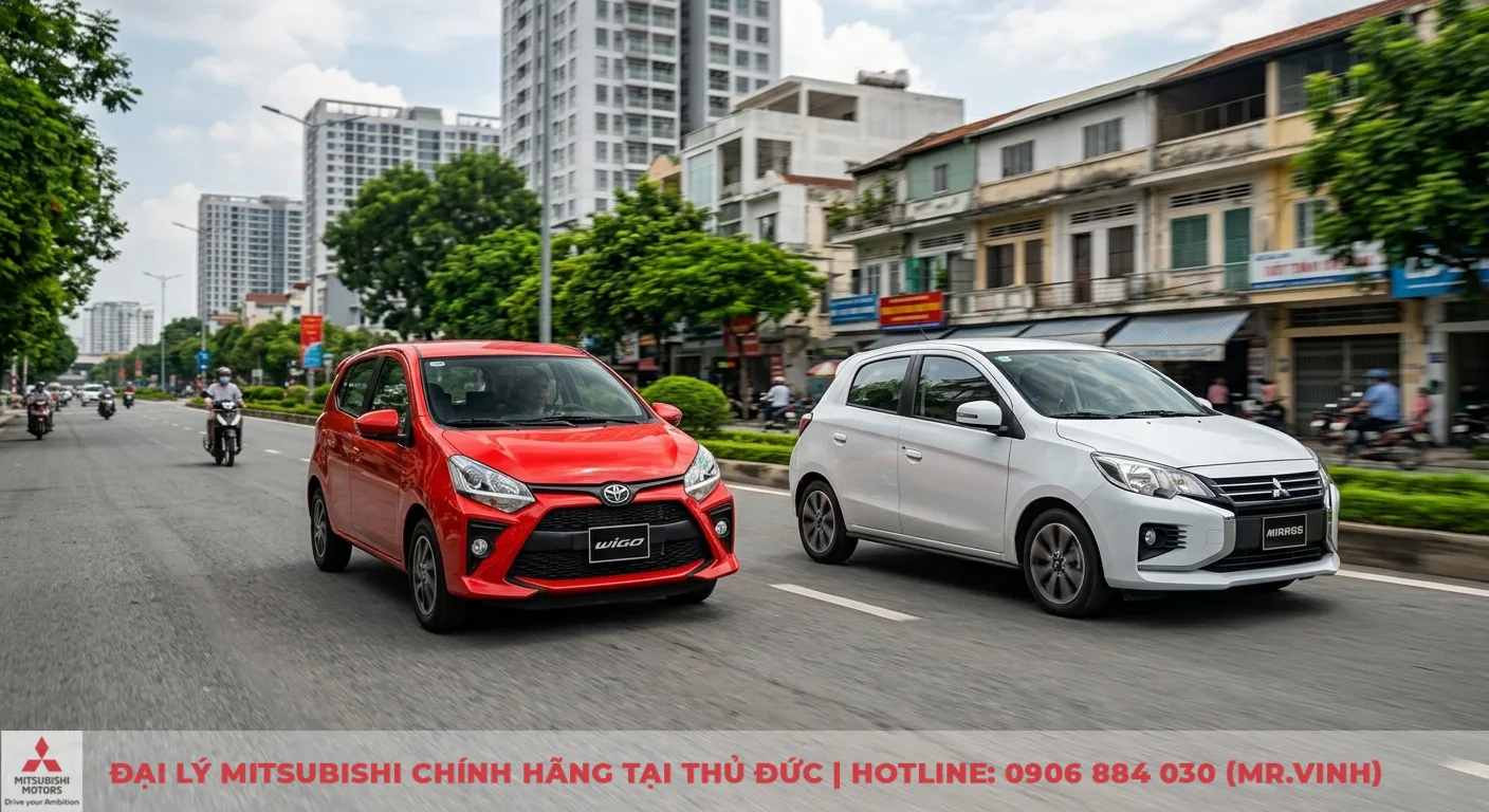 So sánh Toyota Wigo và Mitsubishi Mirage: Đâu là lựa chọn tối ưu? 2 So sánh động cơ và khả năng vận hành giữa Toyota Wigo đỏ và Mitsubishi Mirage trắng trên đường phố