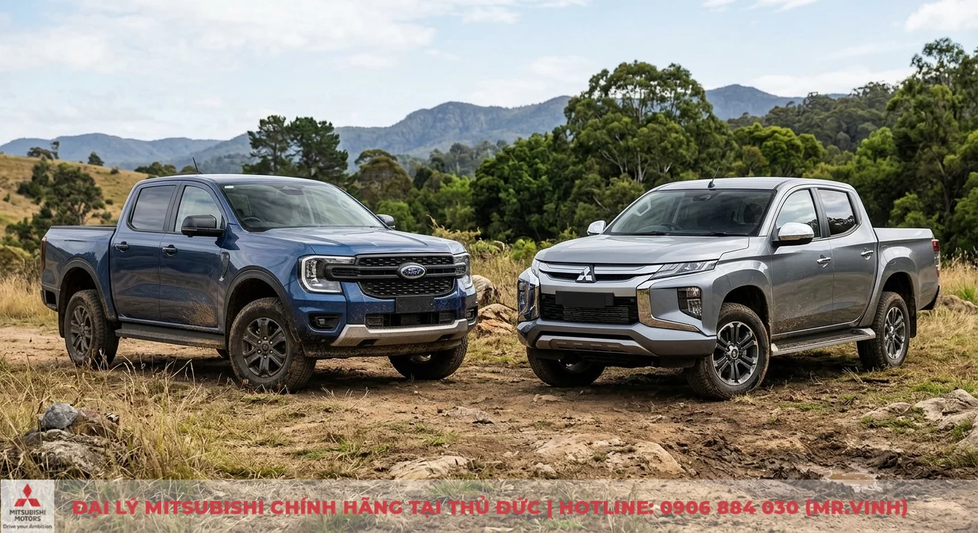 So sánh xe bán tải Ford Ranger và Mitsubishi Triton: Nên chọn xe nào? 1 Đánh giá tổng quan Ford Ranger và Mitsubishi Triton, hai mẫu bán tải cạnh nhau trên đường đất gồ ghề