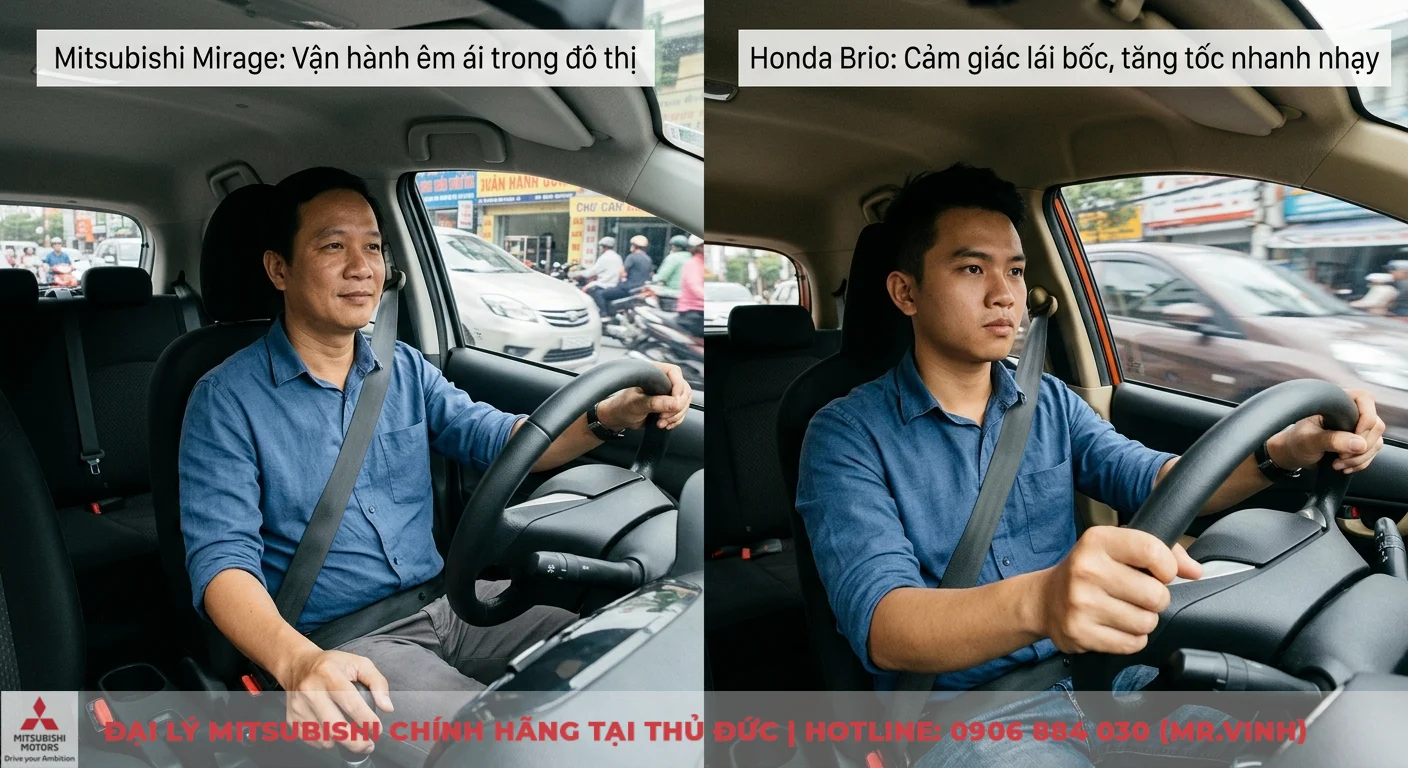 So sánh xe Mitsubishi Mirage và Honda Brio: Chọn xe nào phù hợp? 2 Sức mạnh động cơ và trải nghiệm lái: Mitsubishi Mirage vận hành êm ái, Honda Brio cho cảm giác lái bốc và nhanh nhạy