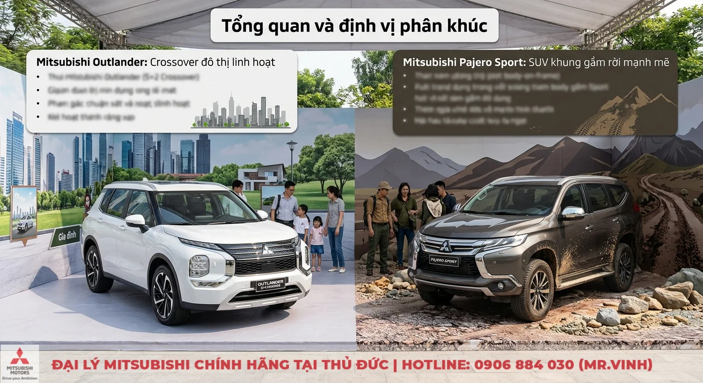 So sánh Mitsubishi Outlander và Pajero Sport: Chọn xe nào phù hợp? 1 Phân khúc Mitsubishi Outlander là crossover đô thị cho gia đình, còn Pajero Sport là SUV khung gầm rời chinh phục địa hình