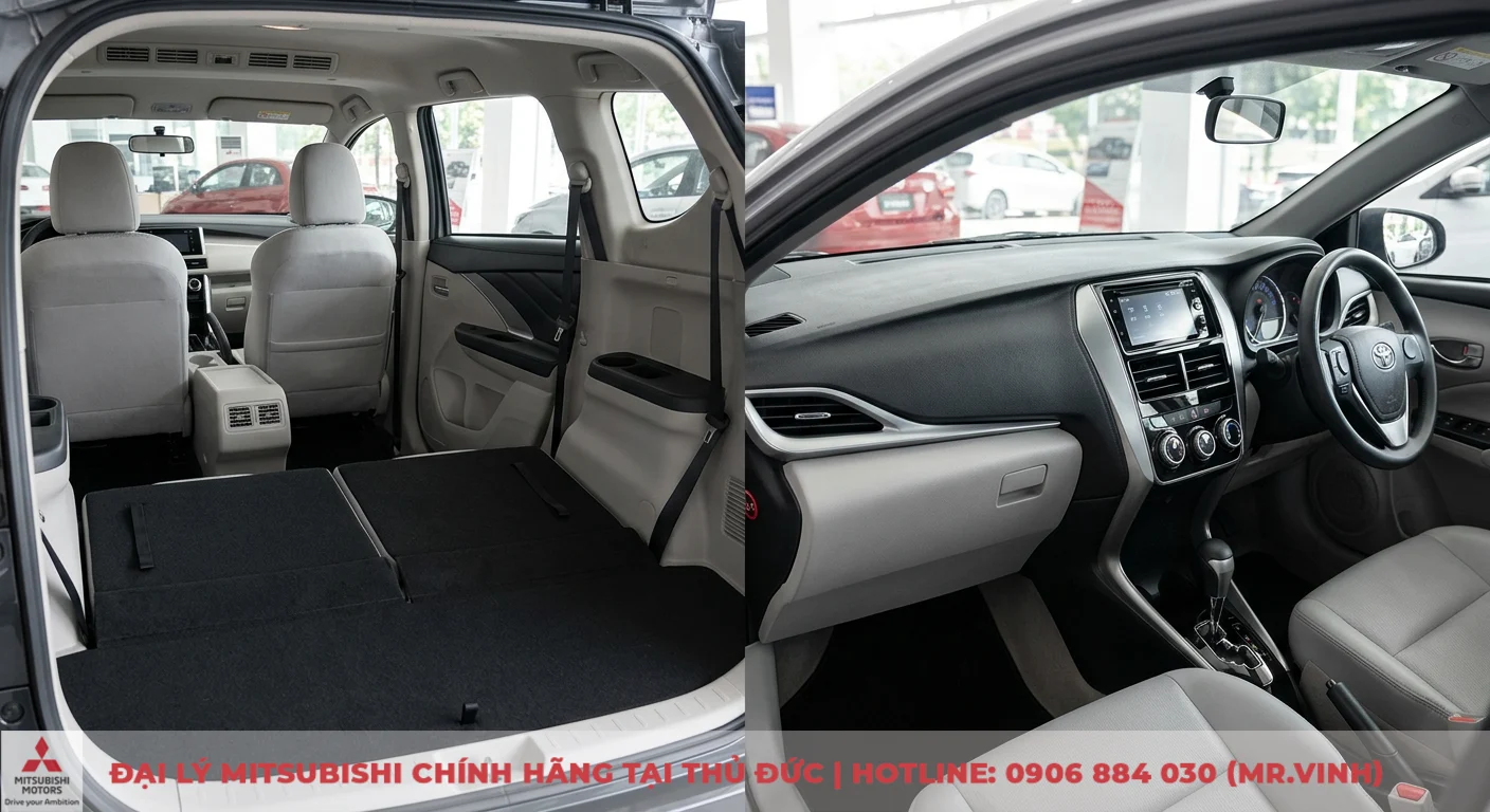 So sánh Mitsubishi Xpander và Toyota Vios: Chọn MPV hay Sedan? 2 So sánh nội thất Xpander với không gian rộng rãi, hàng ghế sau gập phẳng, và Vios với khoang lái tinh tế, màn hình cảm ứng