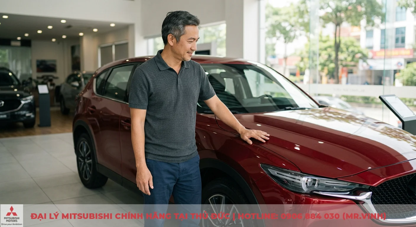 Tuổi Kỷ Mùi mua xe màu gì hợp mệnh: đón tài lộc, bình an 1 Tuổi Kỷ Mùi thuộc mệnh Thổ nên chọn màu xe hợp phong thủy, người đàn ông xem xét chiếc SUV đỏ tại showroom