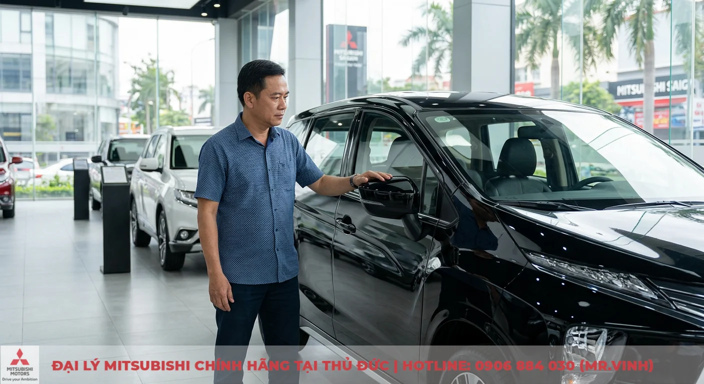 Tuổi Nhâm Tý mua xe màu gì hợp mệnh, mang lại tài lộc? 3 Khách hàng lựa chọn xe Mitsubishi màu đen phù hợp phong thủy tuổi Nhâm Tý đang trải nghiệm xe tại showroom