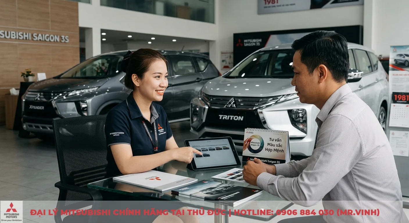 Tuổi Tân Dậu mua xe màu gì hợp mệnh, hợp phong thủy? 3 Tư vấn chuyên sâu lựa chọn xe Mitsubishi theo màu sắc hợp mệnh tại showroom, nhân viên hướng dẫn khách hàng trên máy tính bảng