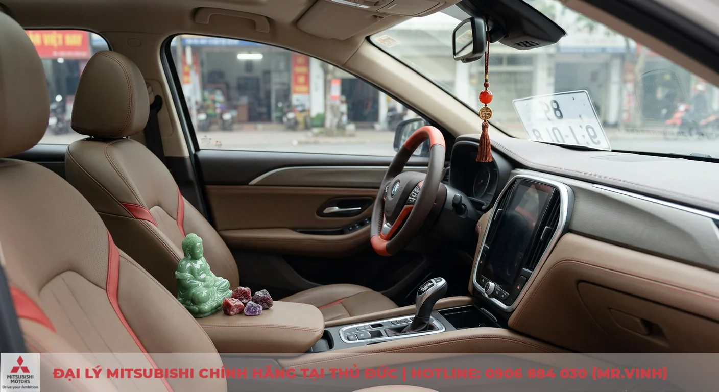 Tuổi Tân Mùi mua xe màu gì hợp phong thủy? Chọn màu mang lại may mắn 3 Yếu tố phụ trợ khi chọn xe theo phong thủy, thể hiện qua nội thất xe nâu đỏ cùng tượng Phật và đá quý